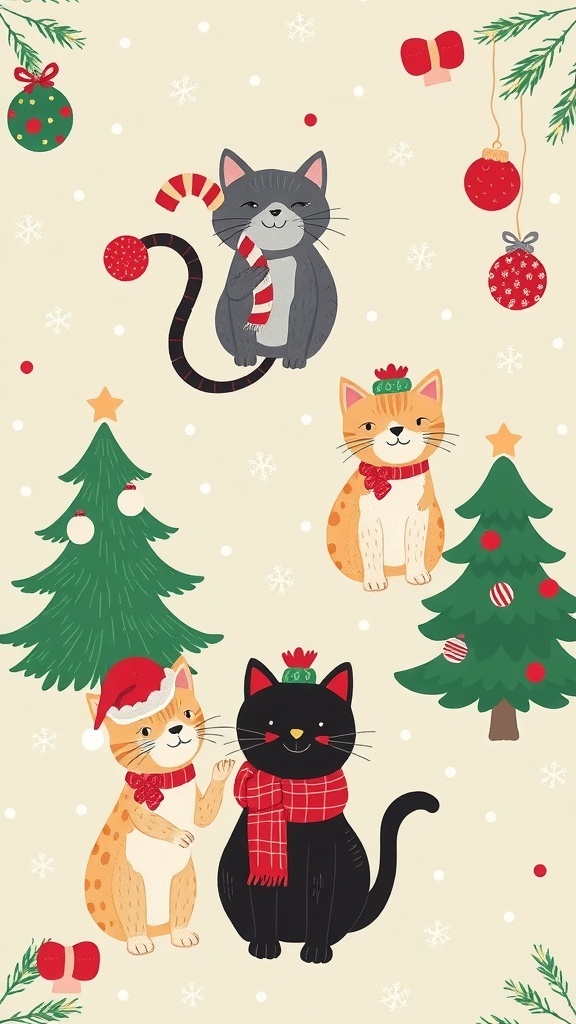 Cute Christmas cat wallpaper design with playful felines and holiday decorations.